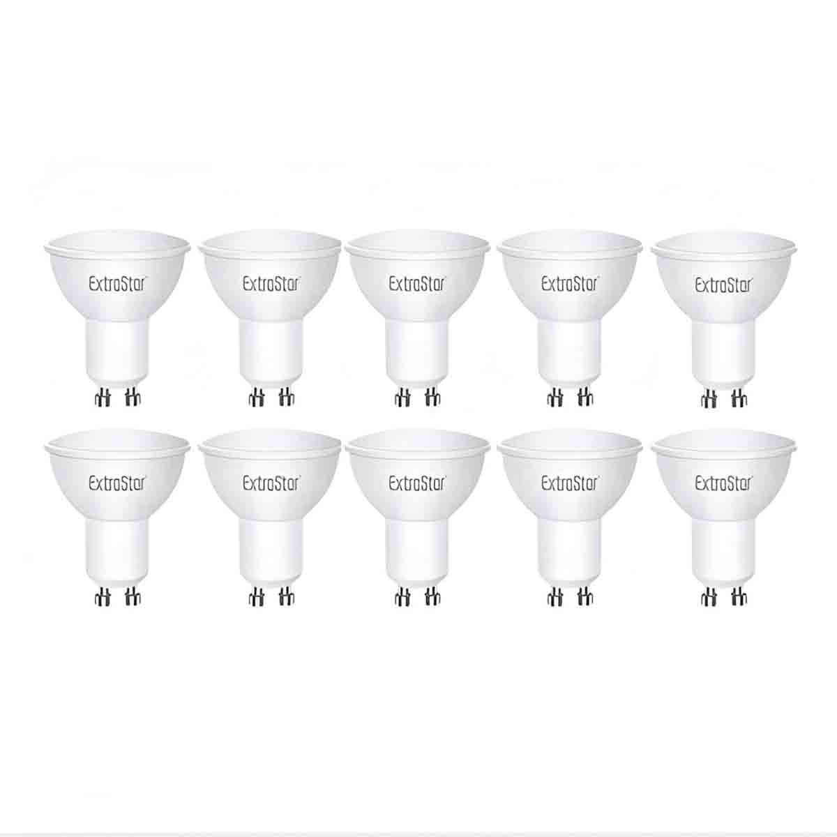 Ten white GU10 LED light bulbs, each 4W, featuring a clear glass design and marked with the ExtraStar logo, arranged in two rows.