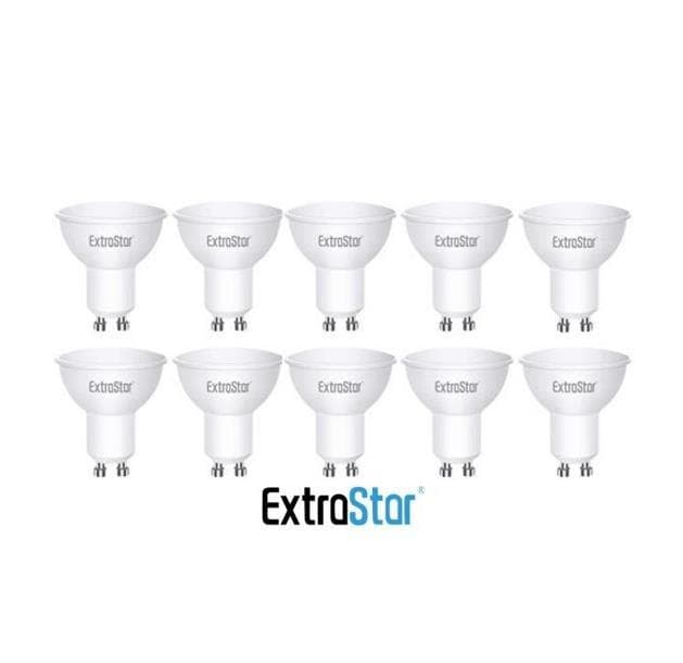 Ten white GU10 LED light bulbs in a pack, each 6W, labeled with the ExtraStar brand, designed to emit daylight brightness.