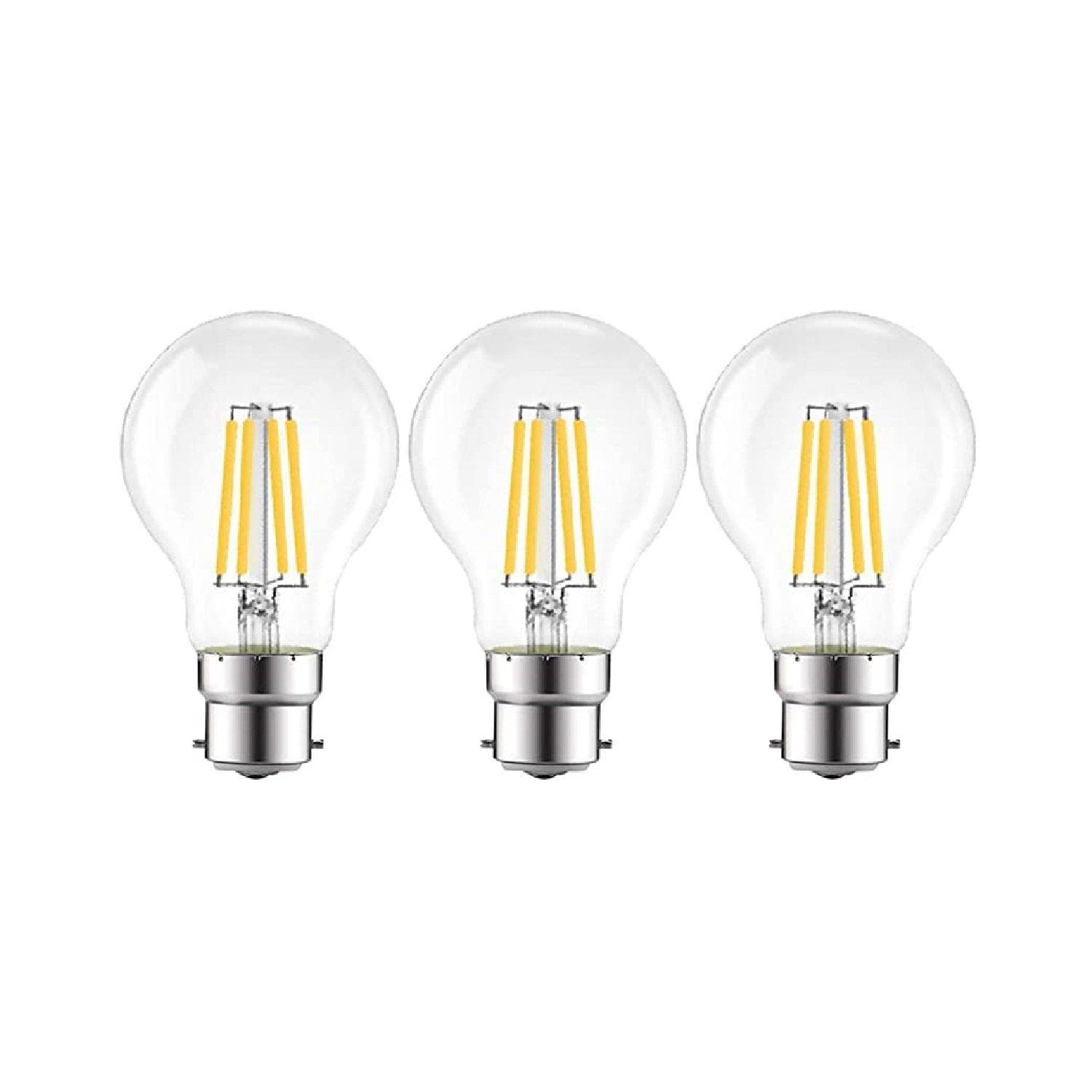 Clear glass LED filament light bulbs with a warm 2700K glow, featuring a B22 base, arranged in a pack of three, showcasing visible yellow filament strips inside.