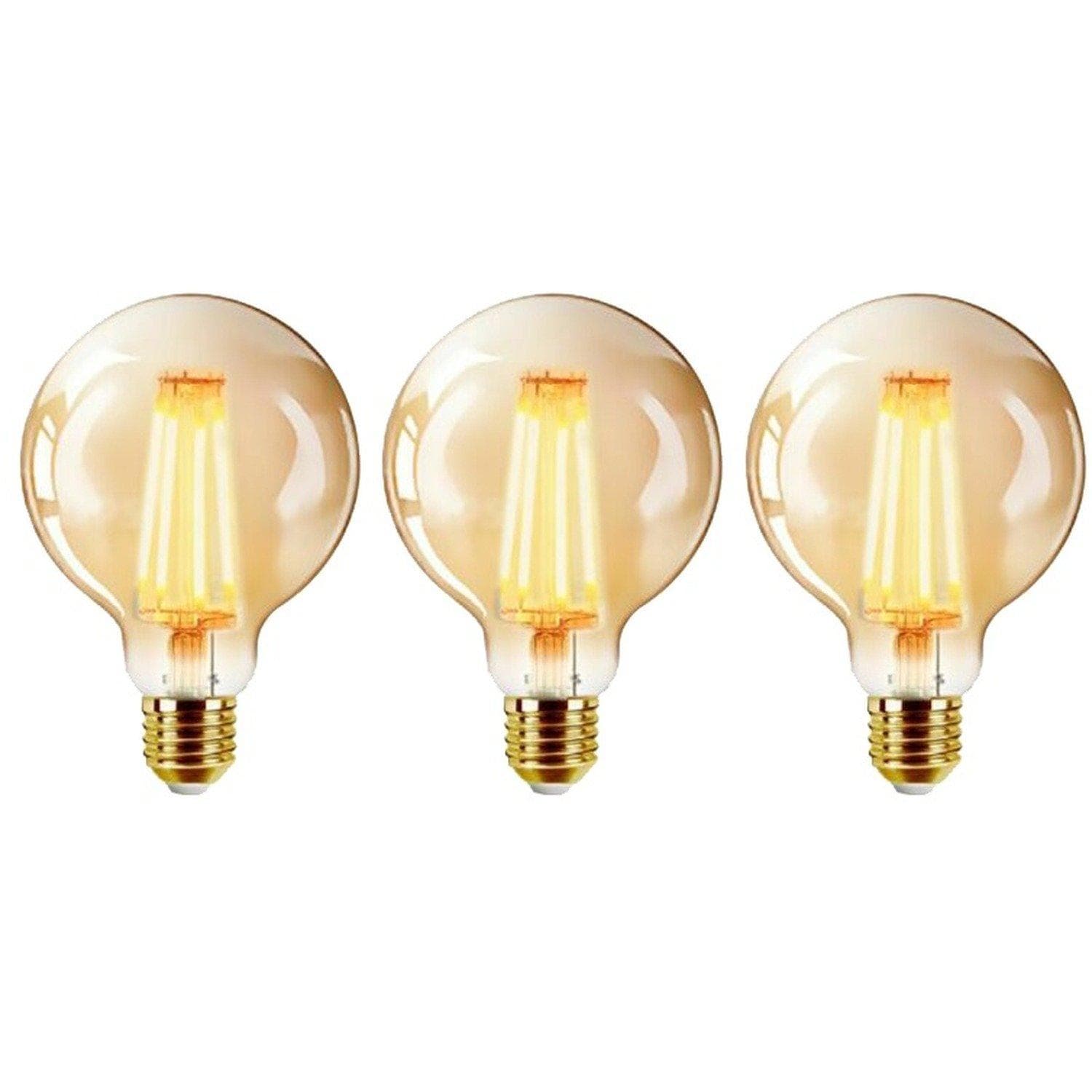 Three warm white G125 6W LED ball bulbs with a clear glass exterior and vintage filament design, featuring E27 bases, packaged together.