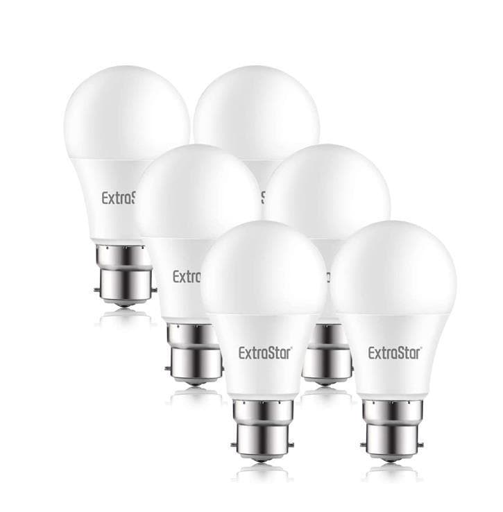 Set of six white 9W LED ball bulbs with B22 base, emitting daylight at 6500K, featuring a smooth, rounded design and labeled with the ExtraStar brand.
