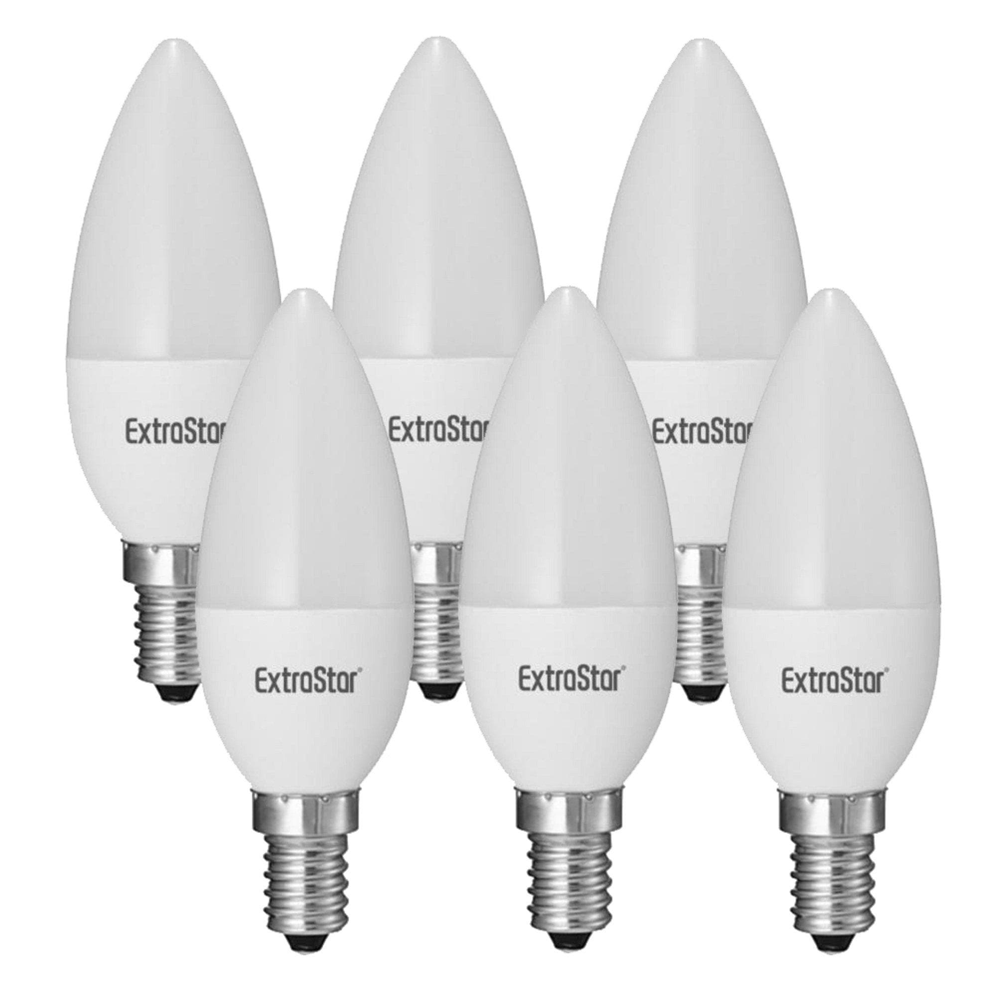 Six E14 LED candle bulbs from ExtraStar, each 6W with a warm white glow (3000K), featuring a smooth white finish and a tapered design.