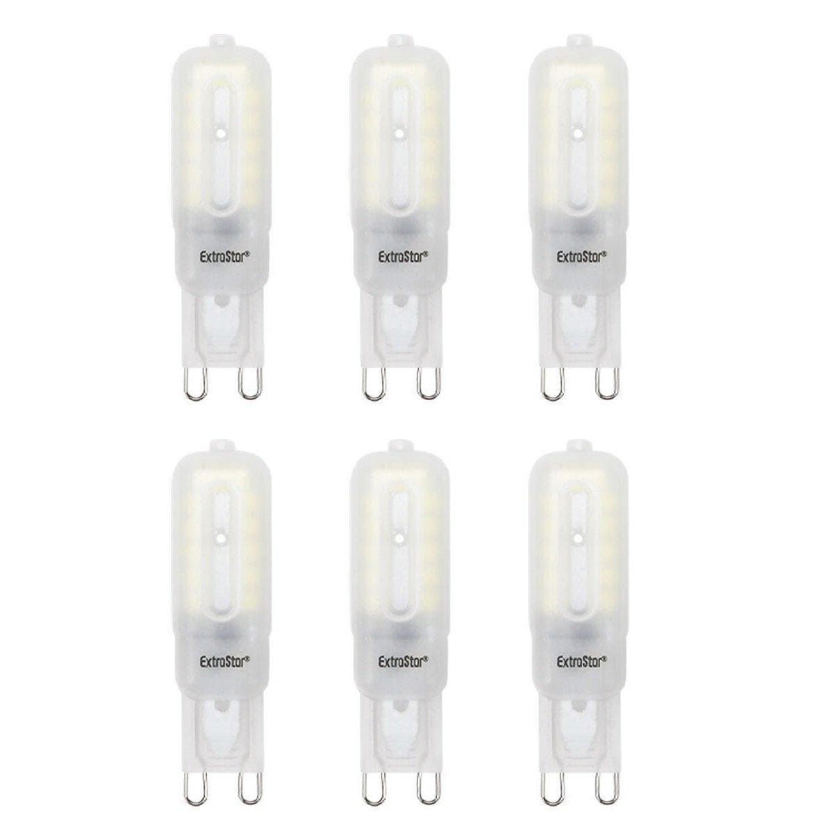 Six white, translucent LED mini bulbs with a G9 base, featuring a sleek design and warm 3000K color temperature, labeled with the ExtraStar logo.