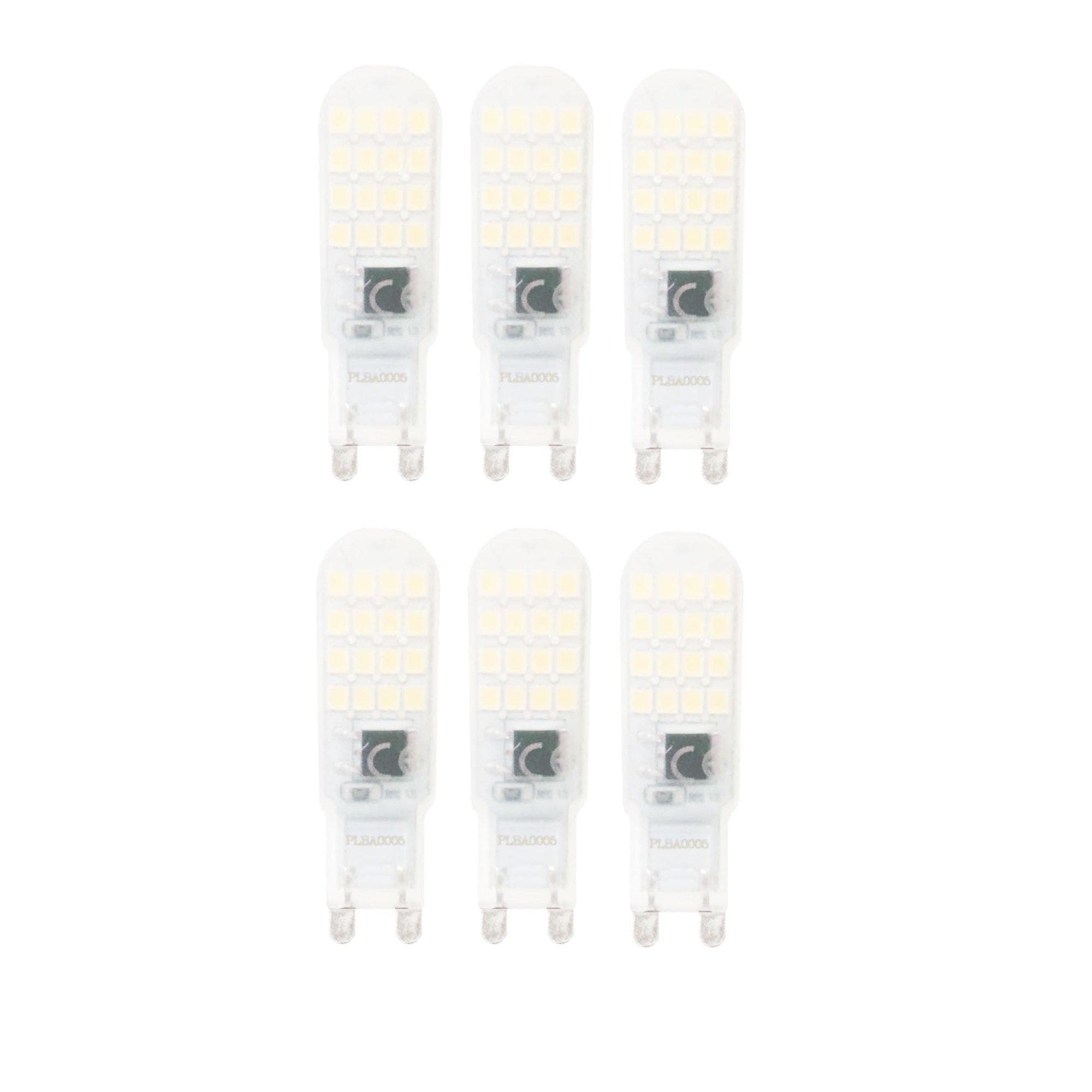 Six G9 mini LED bulbs in warm white (3000K), each measuring 15x55 mm, featuring a clear plastic casing with a grid of small yellow LEDs.