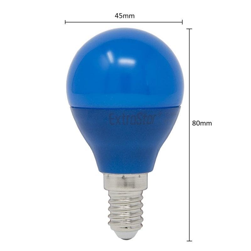 Blue LED golf ball light bulb with a glossy finish, E14 base, measuring 80mm in height and 45mm in diameter, featuring the ExtraStar logo.