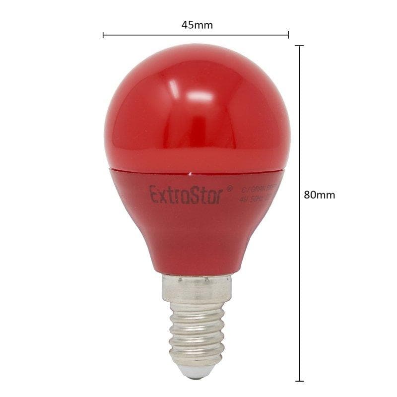Red LED golf ball light bulb with a glossy finish, E14 base, measuring 45mm in diameter and 80mm in height, featuring modern design by ExtraStar.