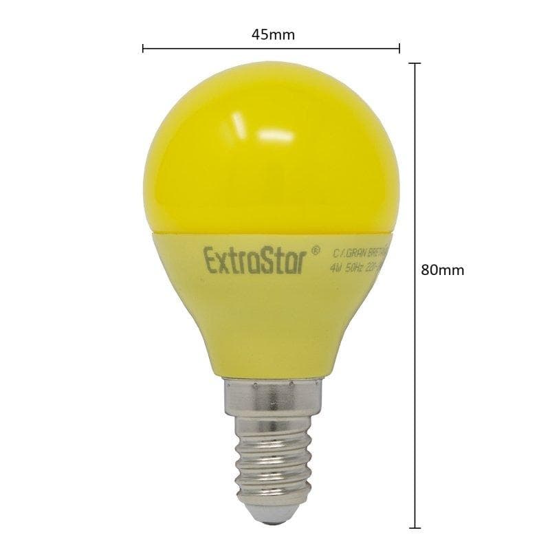 Yellow LED golf ball light bulb with E14 base, measuring 80mm in height and 45mm in diameter, featuring a smooth, glossy finish and modern design by ExtraStar.