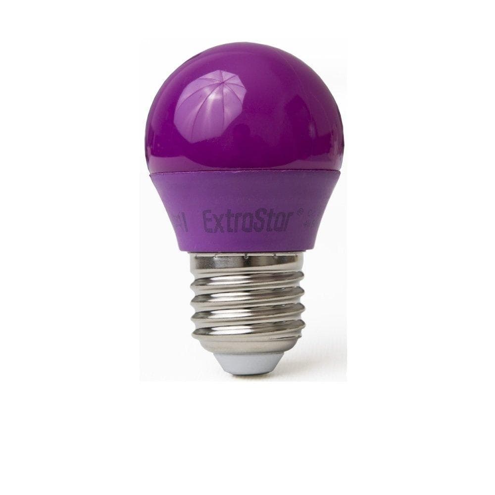 Purple LED golf ball light bulb with a glossy finish, E27 base, and labeled with "ExtraStar," designed for modern lighting applications.