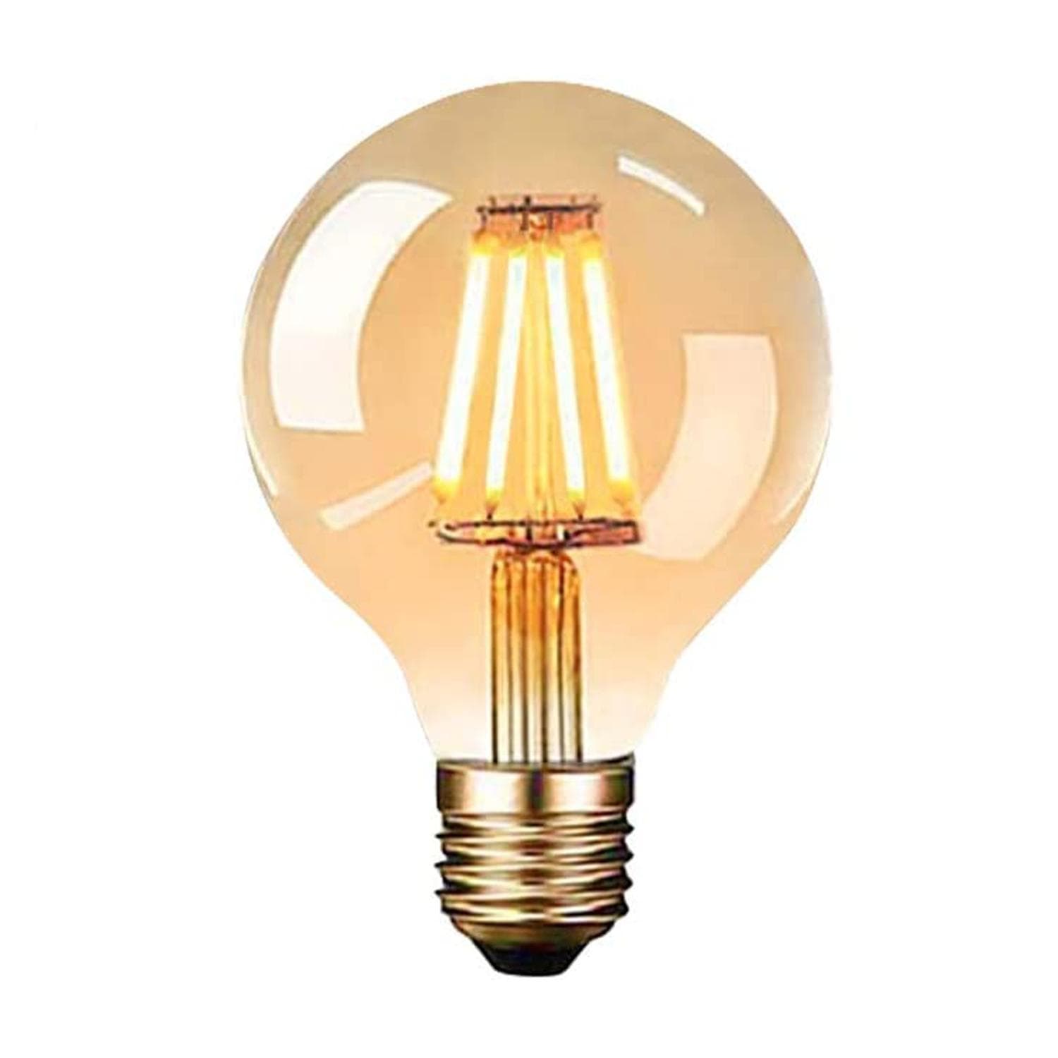 Large globe-shaped LED bulb with a warm white glow, featuring a clear glass exterior and visible filament design, mounted on a gold E27 base.
