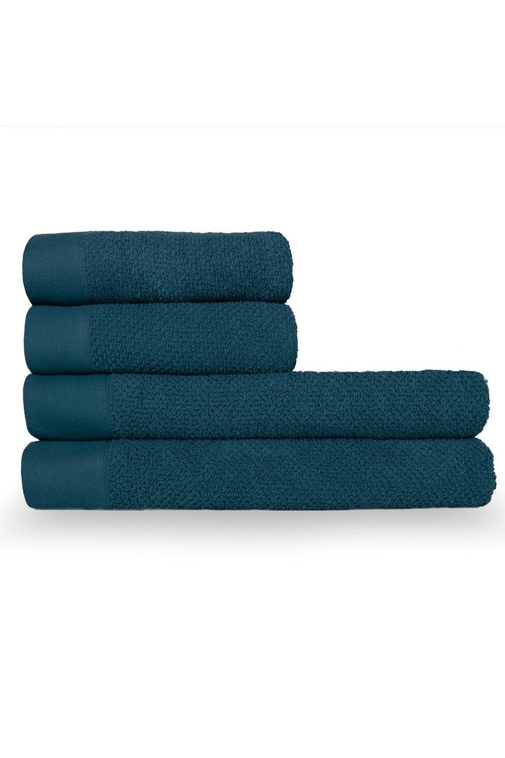 Four textured weave cotton towels in a deep teal color, featuring a smooth border and plush terry fabric, stacked neatly for display.