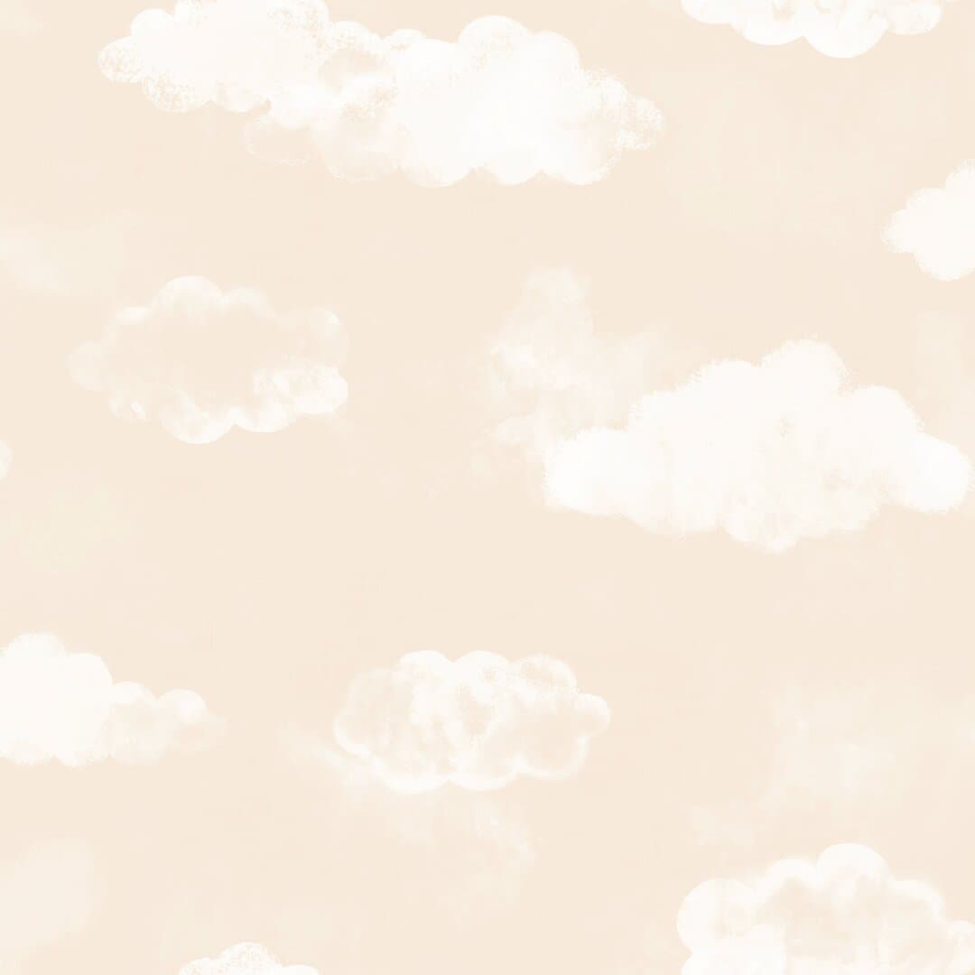 Soft beige wallpaper featuring fluffy white clouds, designed for children's spaces, with a gentle, whimsical aesthetic from the Tiny Tots 2 Collection by Galerie Wallpaper.