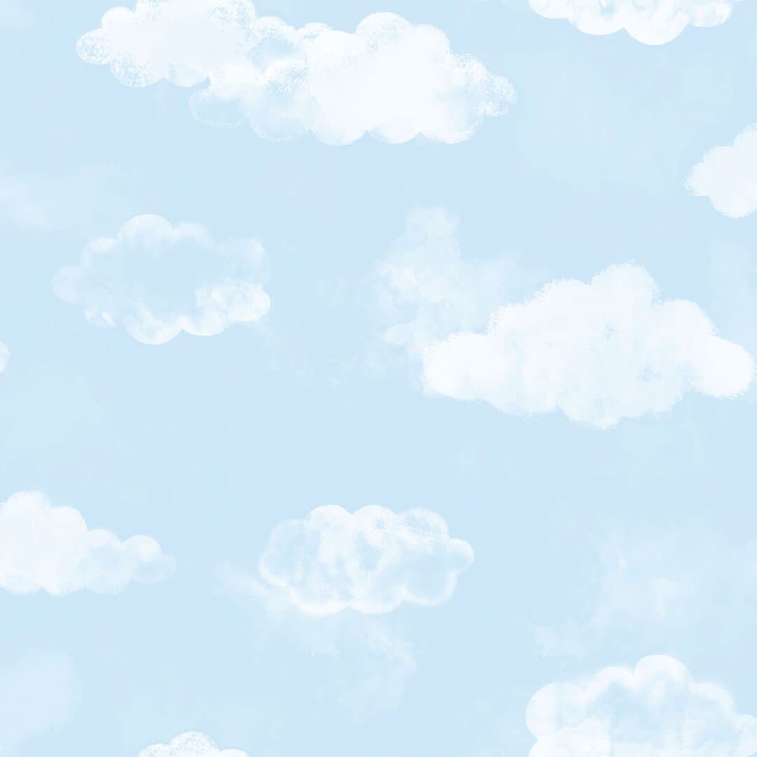 Soft sky blue wallpaper featuring fluffy white clouds, designed for children's spaces, with a gentle, dreamy aesthetic from the Tiny Tots 2 Collection by Galerie Wallpaper.