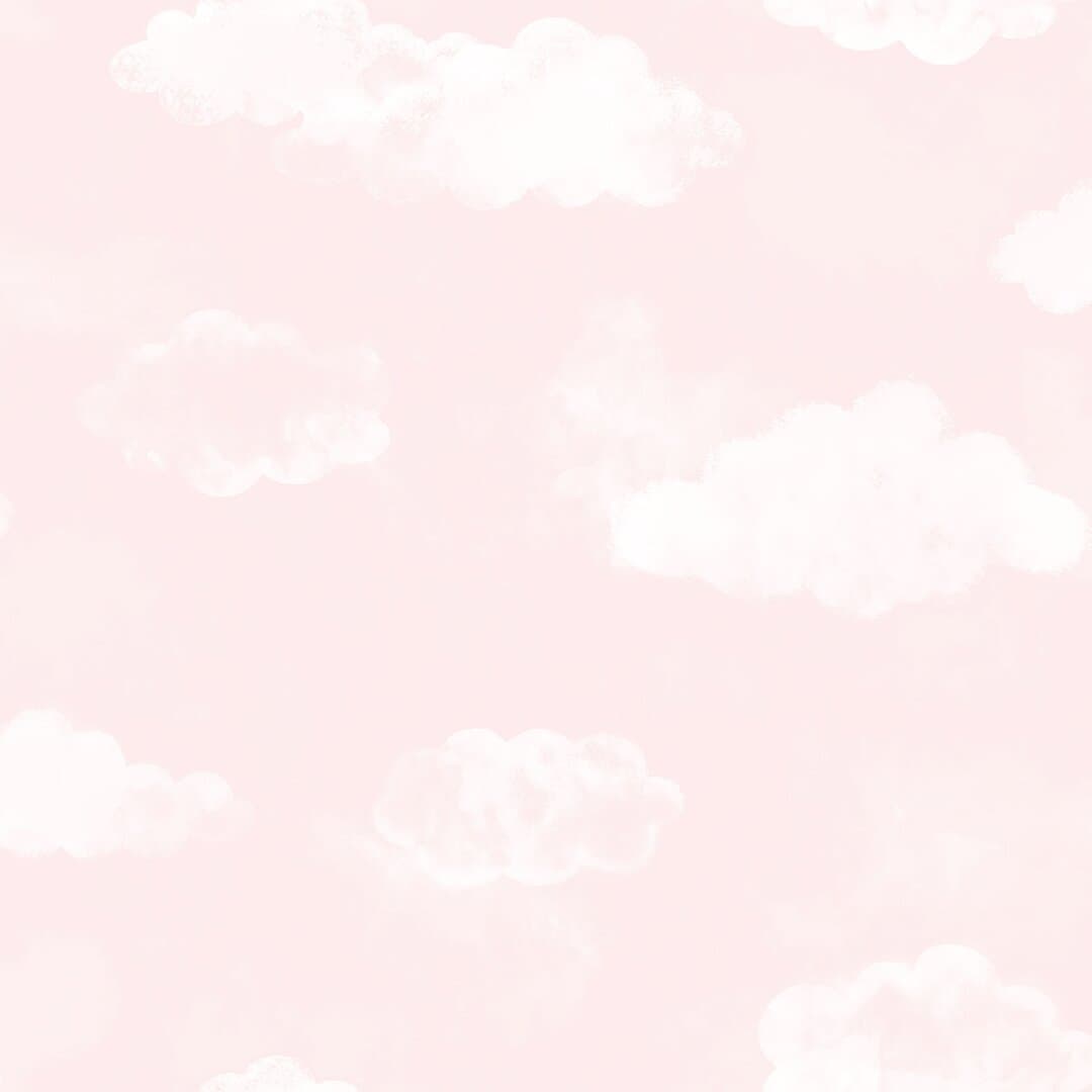 Soft pink wallpaper featuring fluffy white clouds, creating a whimsical, dreamy atmosphere, perfect for a child's room or nursery.
