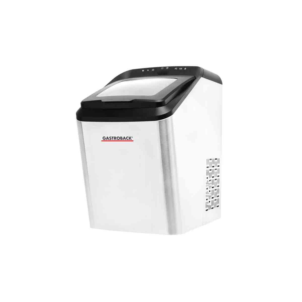 Silver and black GASTROBACK Bartender Pro Ice Maker featuring a sleek design, digital control panel, and a transparent lid for easy monitoring of ice production.