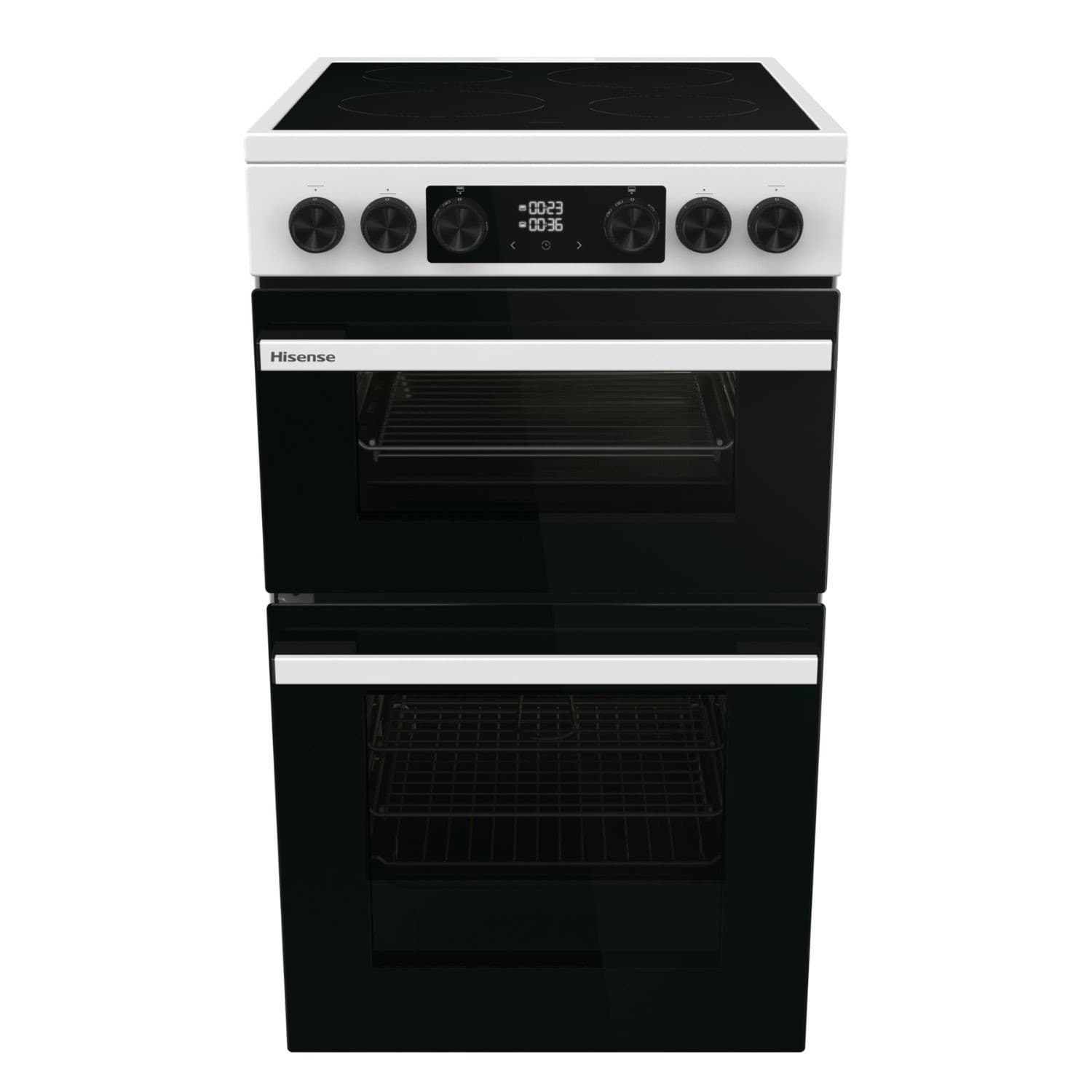 White electric ceramic cooker with a black glass front, featuring two ovens, four control knobs, and a digital display for temperature settings.