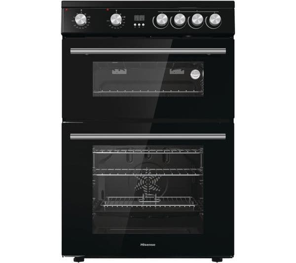 Hisense HDE3211BBUK 60cm electric cooker in black, featuring a double oven design, stainless steel knobs, and a digital display for precise cooking control.