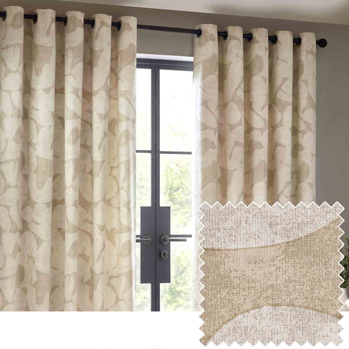 Natural-colored abstract eyelet curtains featuring a soft, textured pattern, measuring 168 x 229 cm, with a close-up fabric swatch showcasing the material's weave.