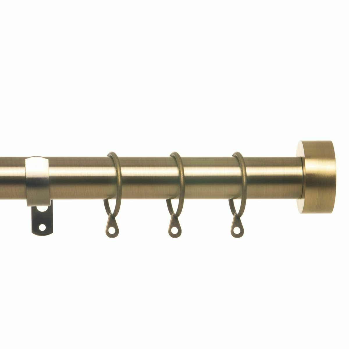 Extendable antique brass curtain pole set in gold, measuring 40cm to 218cm, featuring a smooth finish and multiple rings for easy curtain hanging.