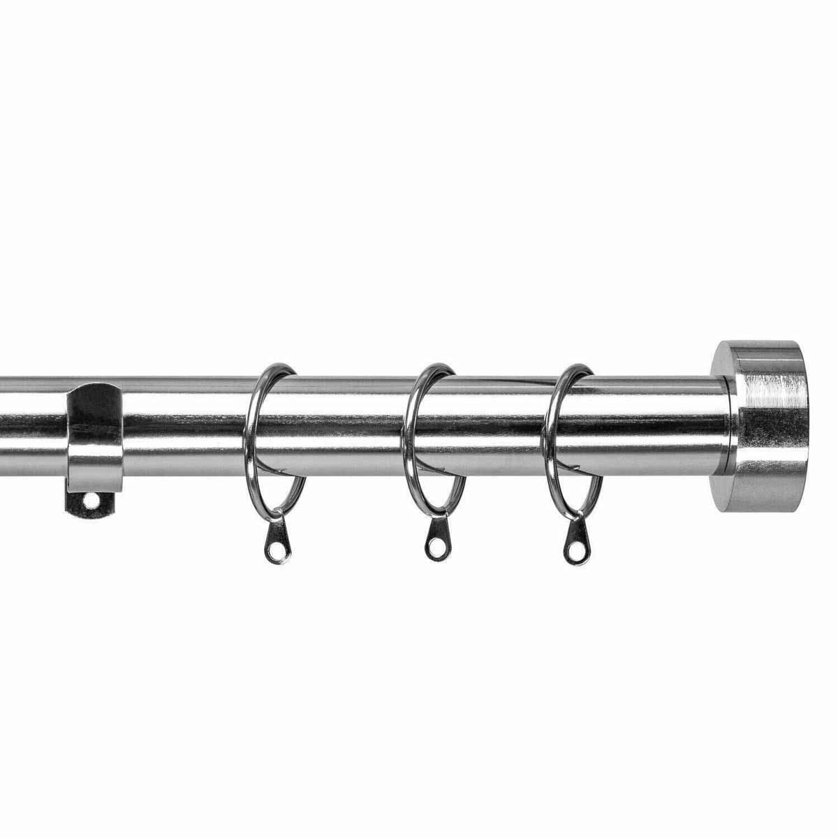 Extendable chrome curtain pole set in silver, measuring 40cm to 218cm, featuring a sleek design with rings for easy curtain hanging and a sturdy end cap.