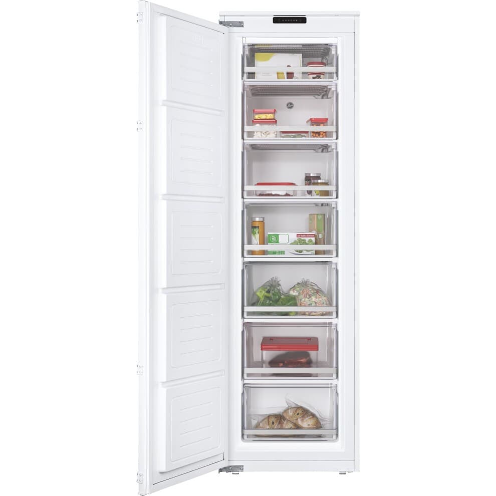 Tall white integrated freezer with a sleek design, featuring multiple transparent drawers for easy access to frozen items and a smooth, flat front panel.