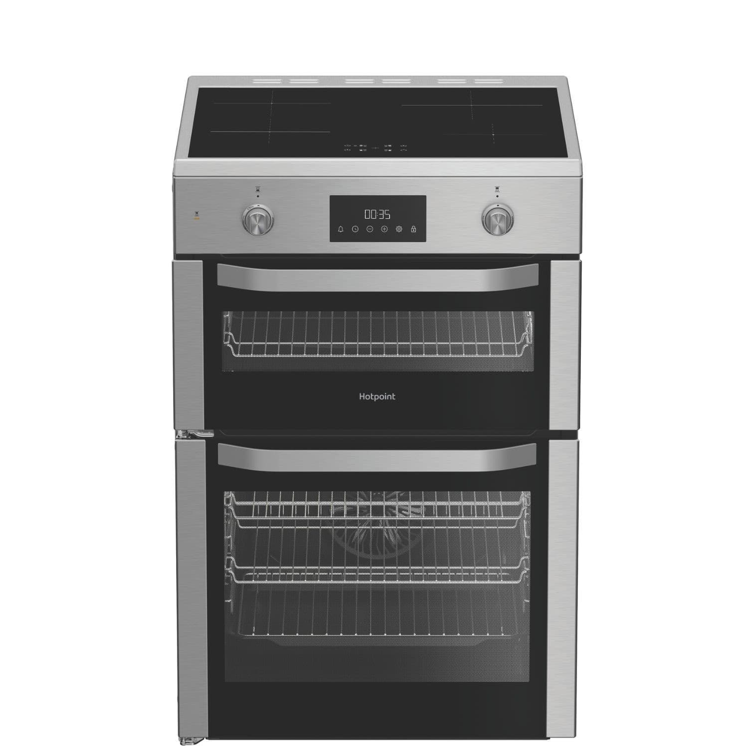 Stainless steel Hotpoint 60cm electric induction cooker featuring a sleek design, digital display, two oven compartments, and control knobs for temperature adjustment.