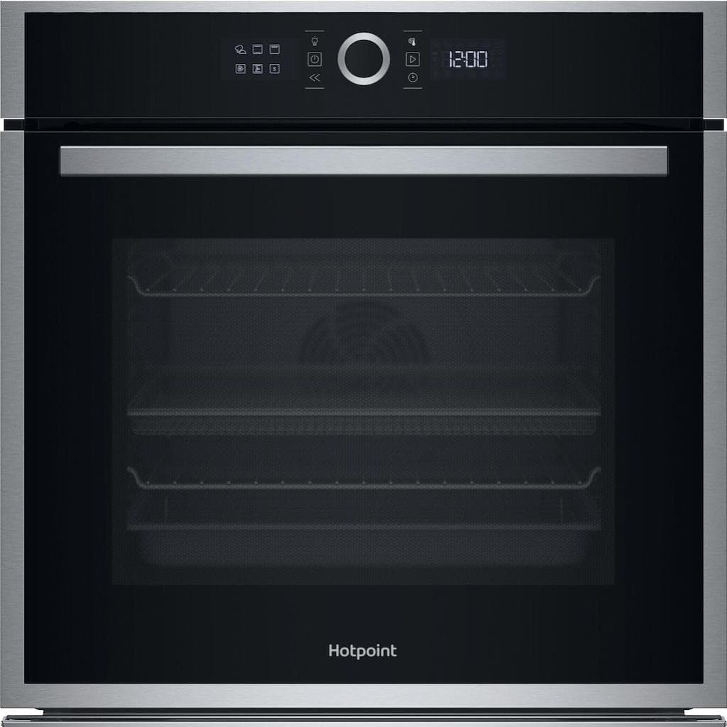 Stainless steel Hotpoint Class 4 HOI4S8HM0XUK fan oven features a sleek black glass door, digital display, and air fry functionality with two internal shelves.
