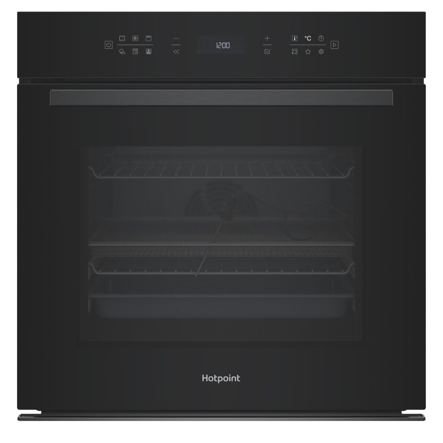 Black Hotpoint Class 6 HOI68PPT2SBUK fan single oven featuring an air fry function, with a sleek glass door and digital control panel at the top.