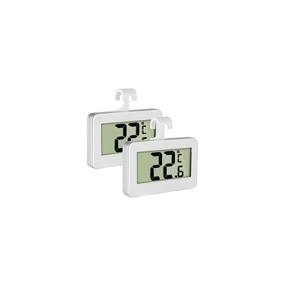 Two white LCD digital fridge thermometers with large black displays showing temperatures, featuring hanging hooks and a compact design for easy monitoring.