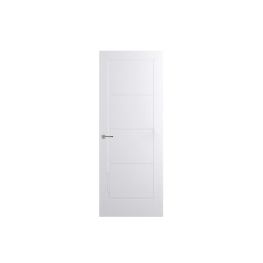 White internal door with a smooth finish, featuring three horizontal panels and a sleek silver handle, measuring 1981 mm x 838 mm x 35 mm.