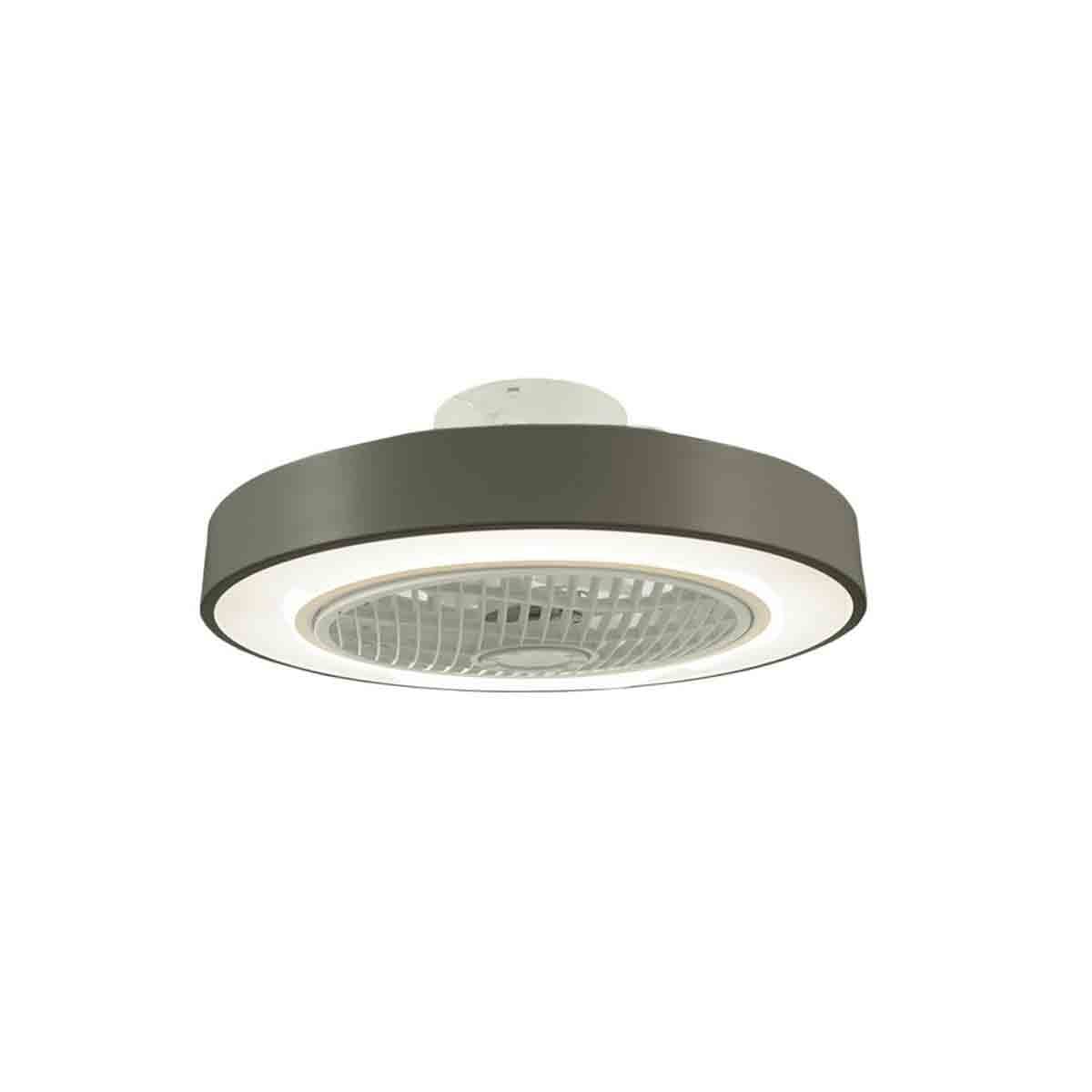 Grey LED ceiling fan light featuring a sleek circular design, remote control, and a modern aesthetic with a white light ring and a grid pattern in the center.