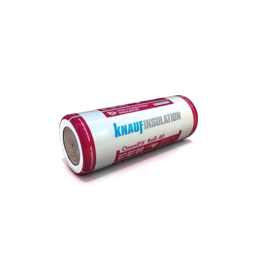 Knauf Insulation OmniFit roll in white and red packaging, measuring 6860mm x 1200mm x 100mm, featuring a textured surface for effective thermal insulation.