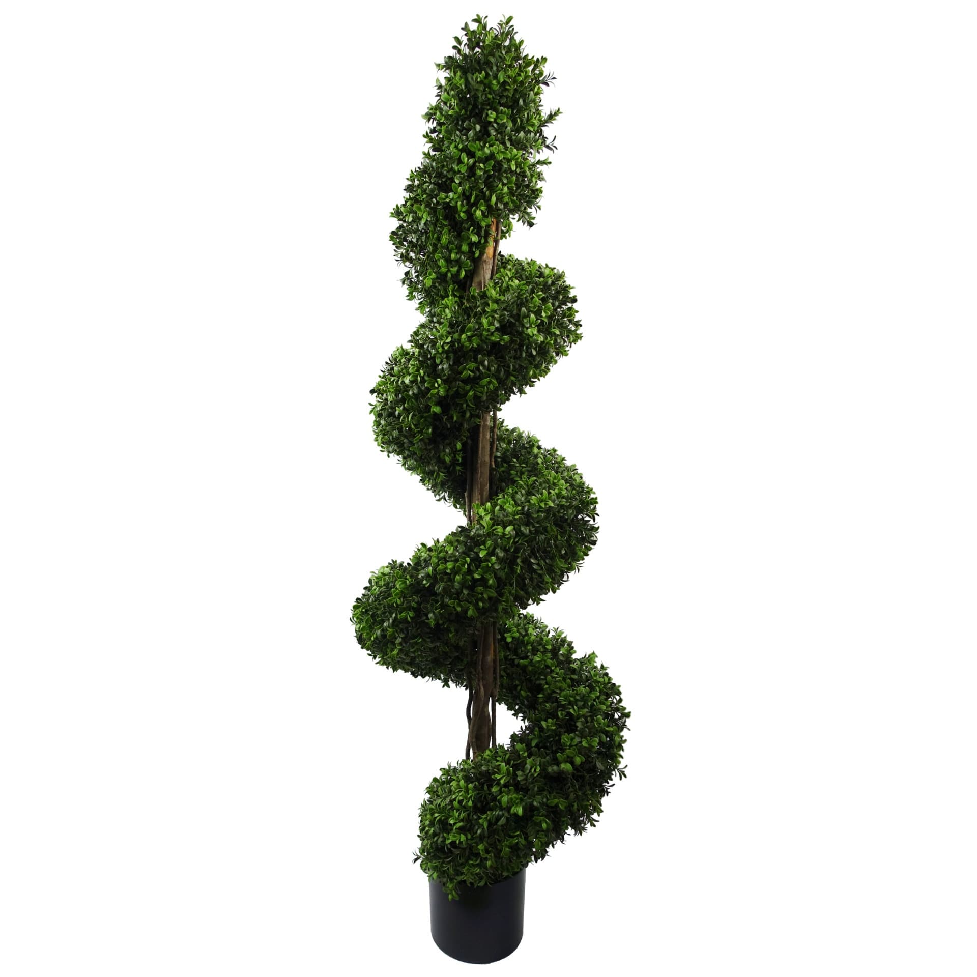 150cm tall spiral artificial tree with lush green buxus leaves, UV resistant, set in a black pot, perfect for outdoor decoration.