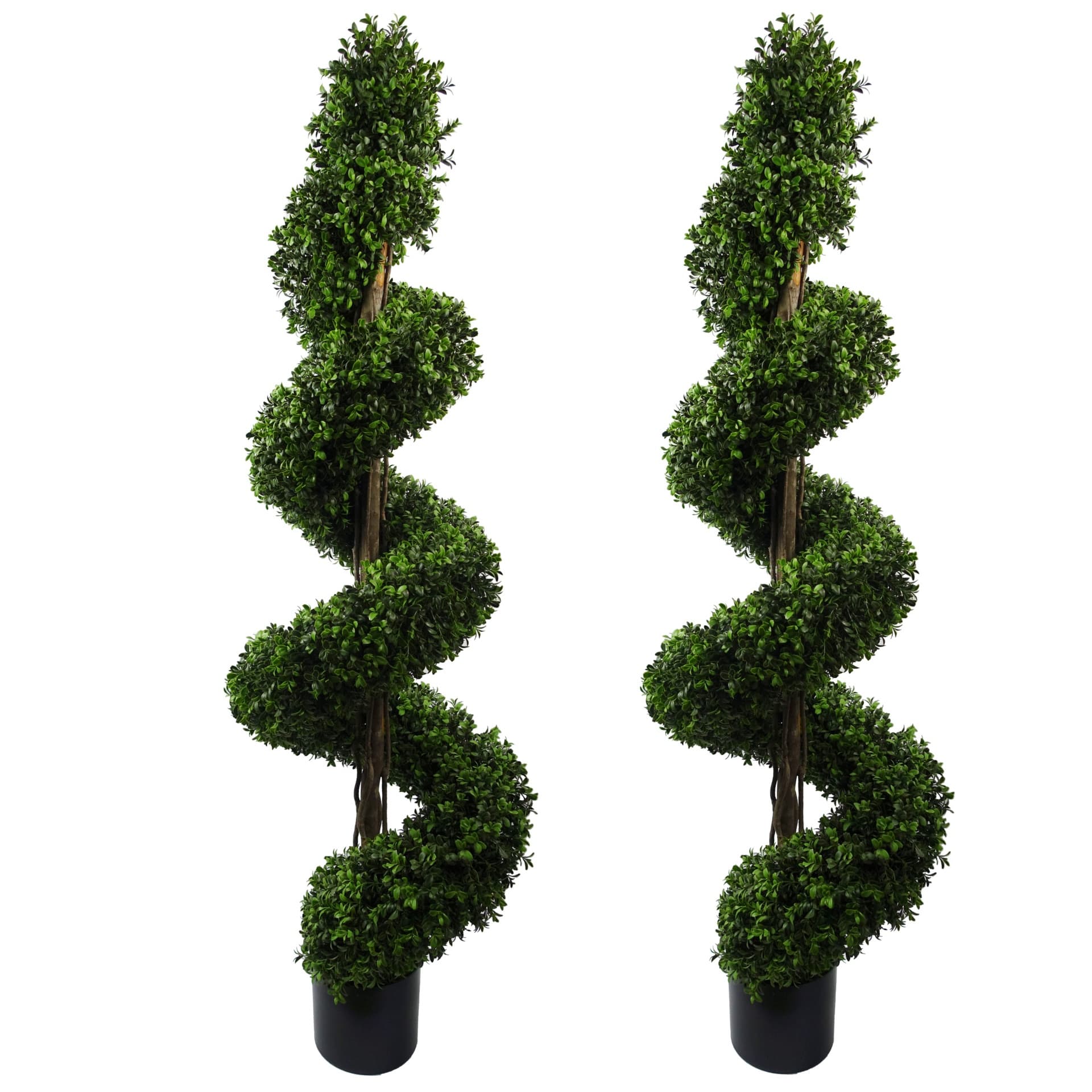 Two 150 cm tall spiral buxus artificial trees in green, featuring dense foliage, a textured brown trunk, and set in black pots, designed for outdoor use and UV resistant.