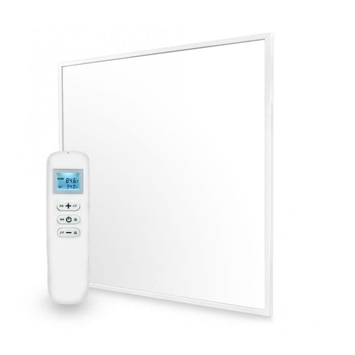 White rectangular infrared wall heating panel with a sleek design, accompanied by a remote control featuring a digital display and buttons for temperature adjustment.