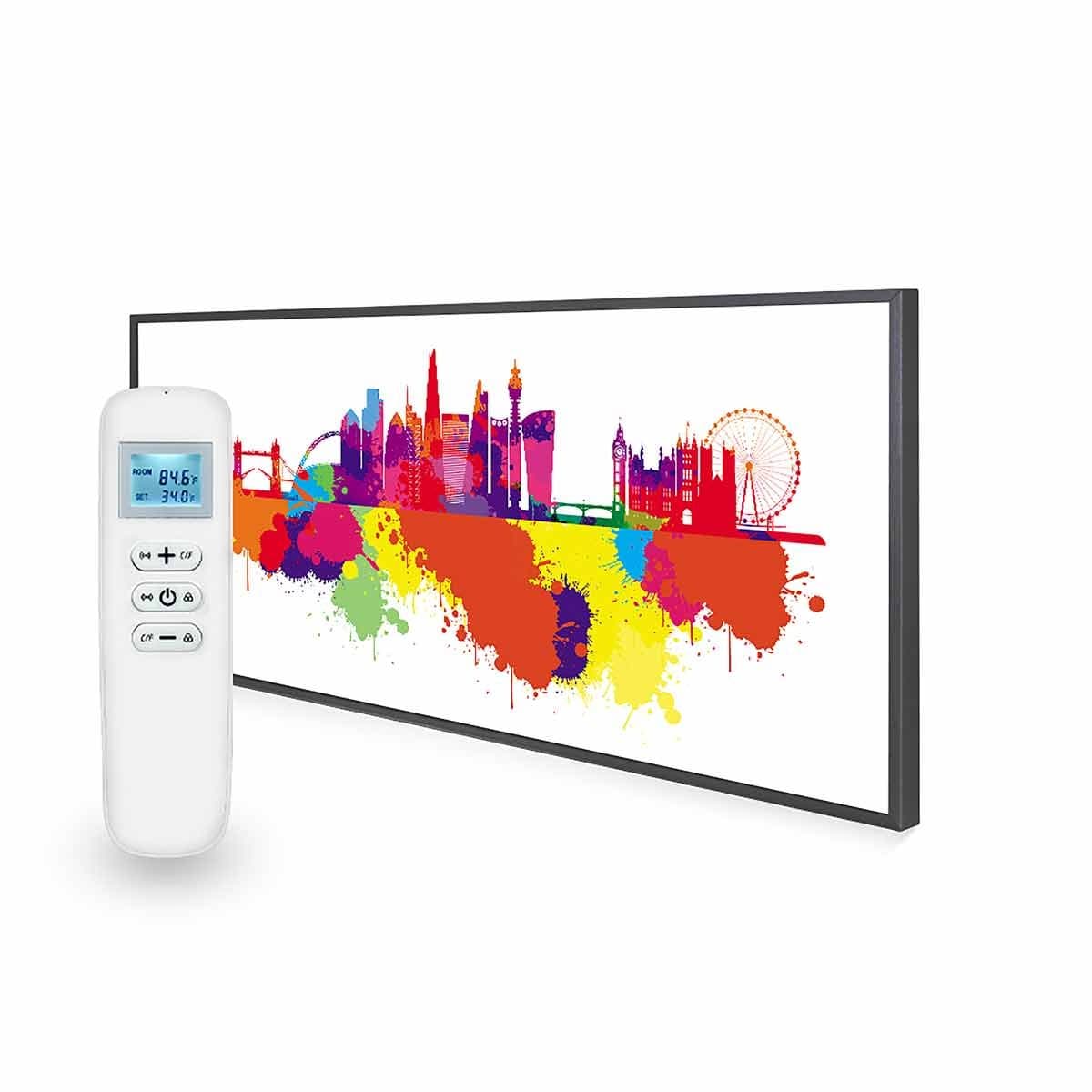 Colorful London skyline splash design on a sleek black-framed 700W infrared heating panel, accompanied by a white remote control featuring a digital display and buttons.