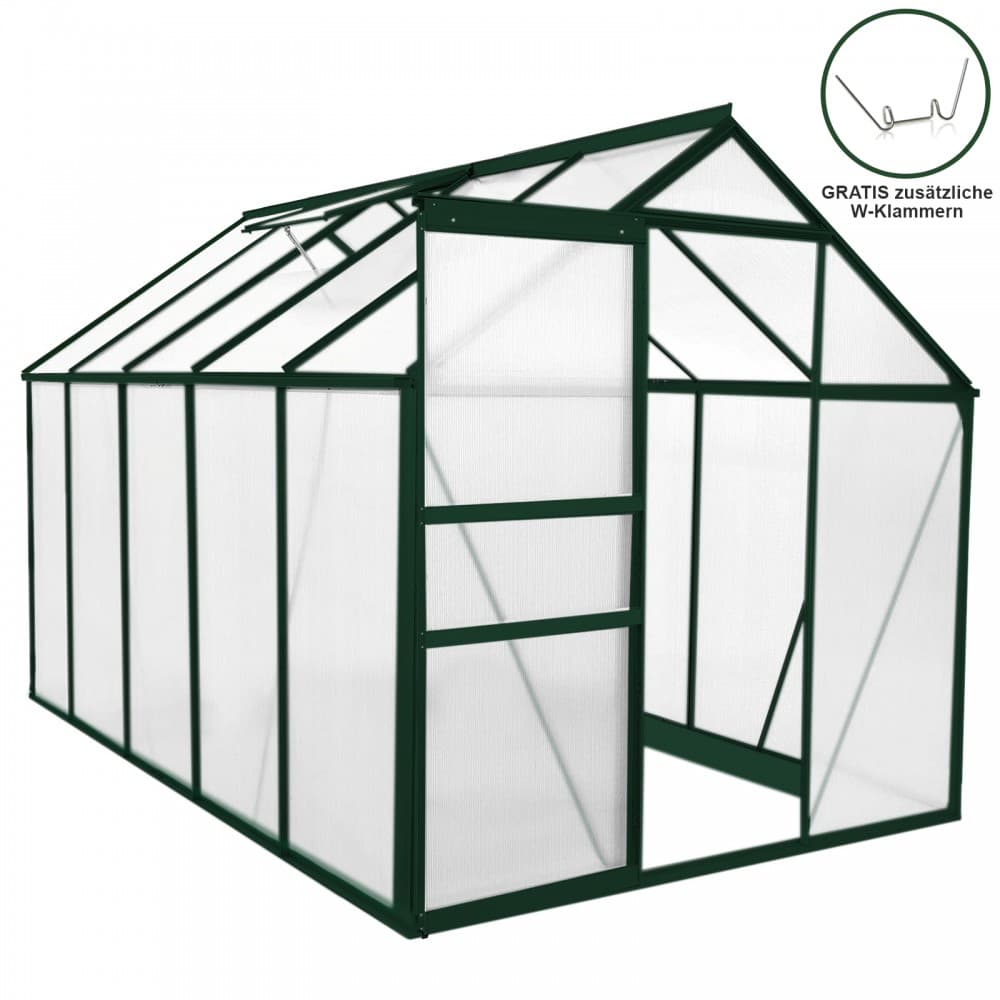 Green aluminum greenhouse measuring 1.9m x 3.1m, featuring transparent panels, a sloped roof, and an open entrance, designed for gardening use.