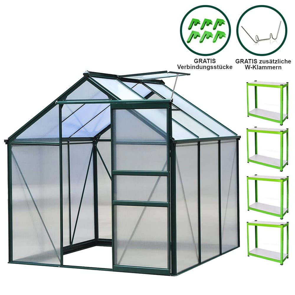 Green aluminum greenhouse measuring 1.9m x 1.9m, featuring transparent polycarbonate panels, shelves inside, and a sloped roof for optimal sunlight.