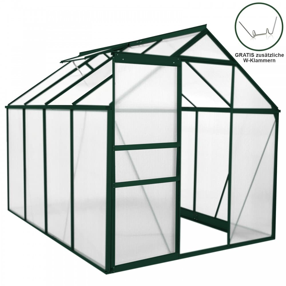 Green aluminum greenhouse measuring 1.9m x 2.5m, featuring transparent panels, a sloped roof, and an open entry, designed for gardening use.