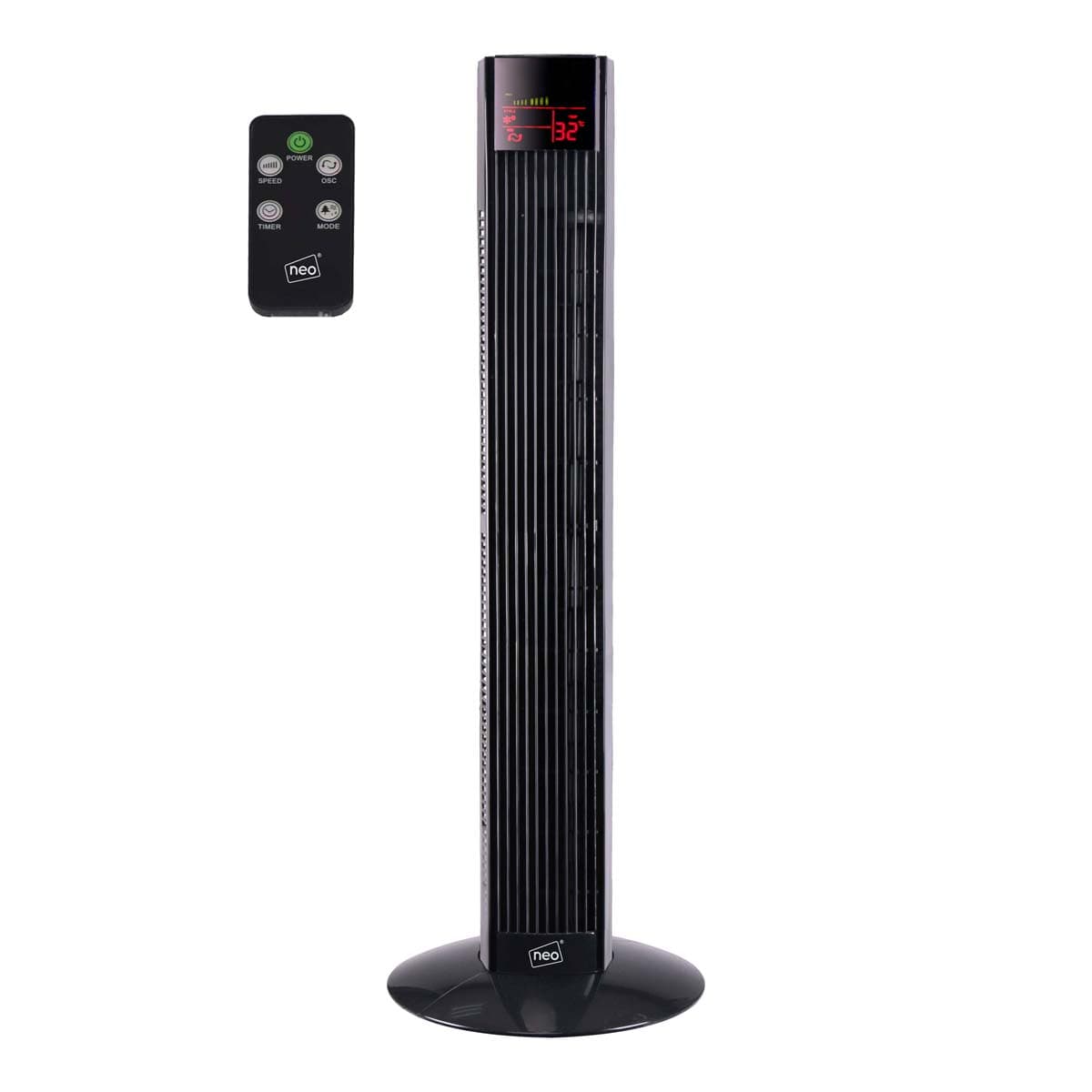 Sleek black Neo tower fan with a digital display, three speed settings, and a remote control for convenient operation.