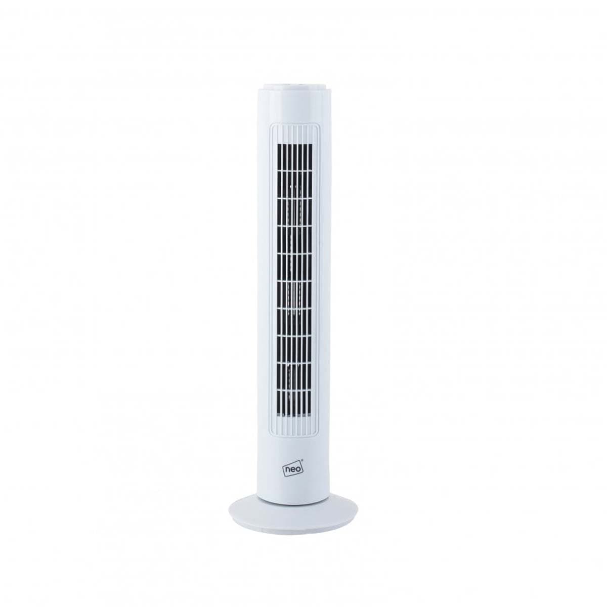 White, sleek, free-standing tower fan with a cylindrical design, featuring a vertical grille for airflow and a round base, labeled "Neo" at the bottom.