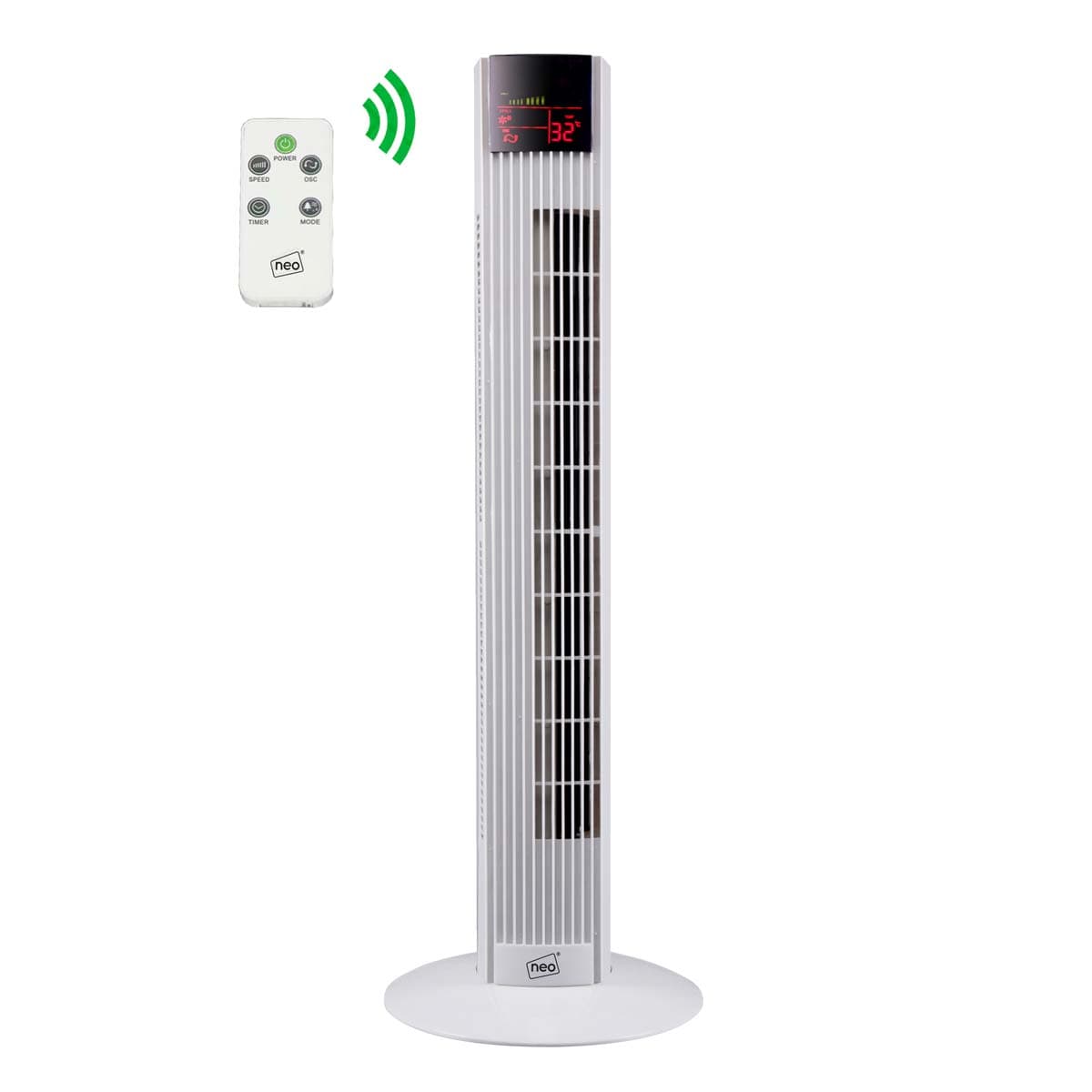 White Neo tower fan with a sleek design, featuring a digital display, three speed settings, and a remote control for convenience.