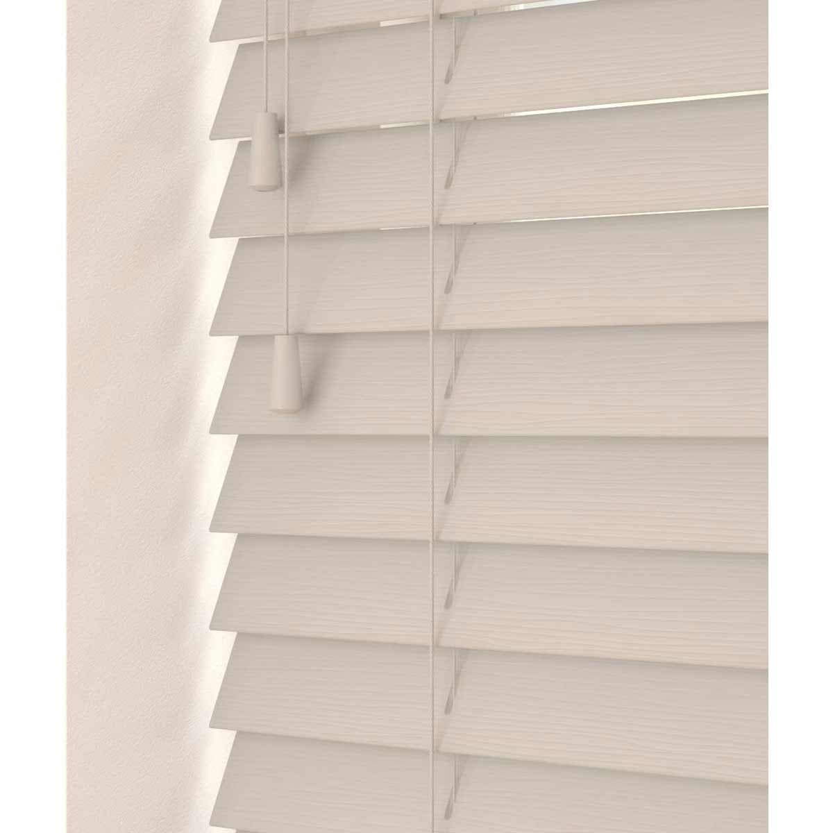 Fine grain blinds in a soft cloud color with yellow accents, featuring adjustable strings for easy control, designed for a sleek and modern look.