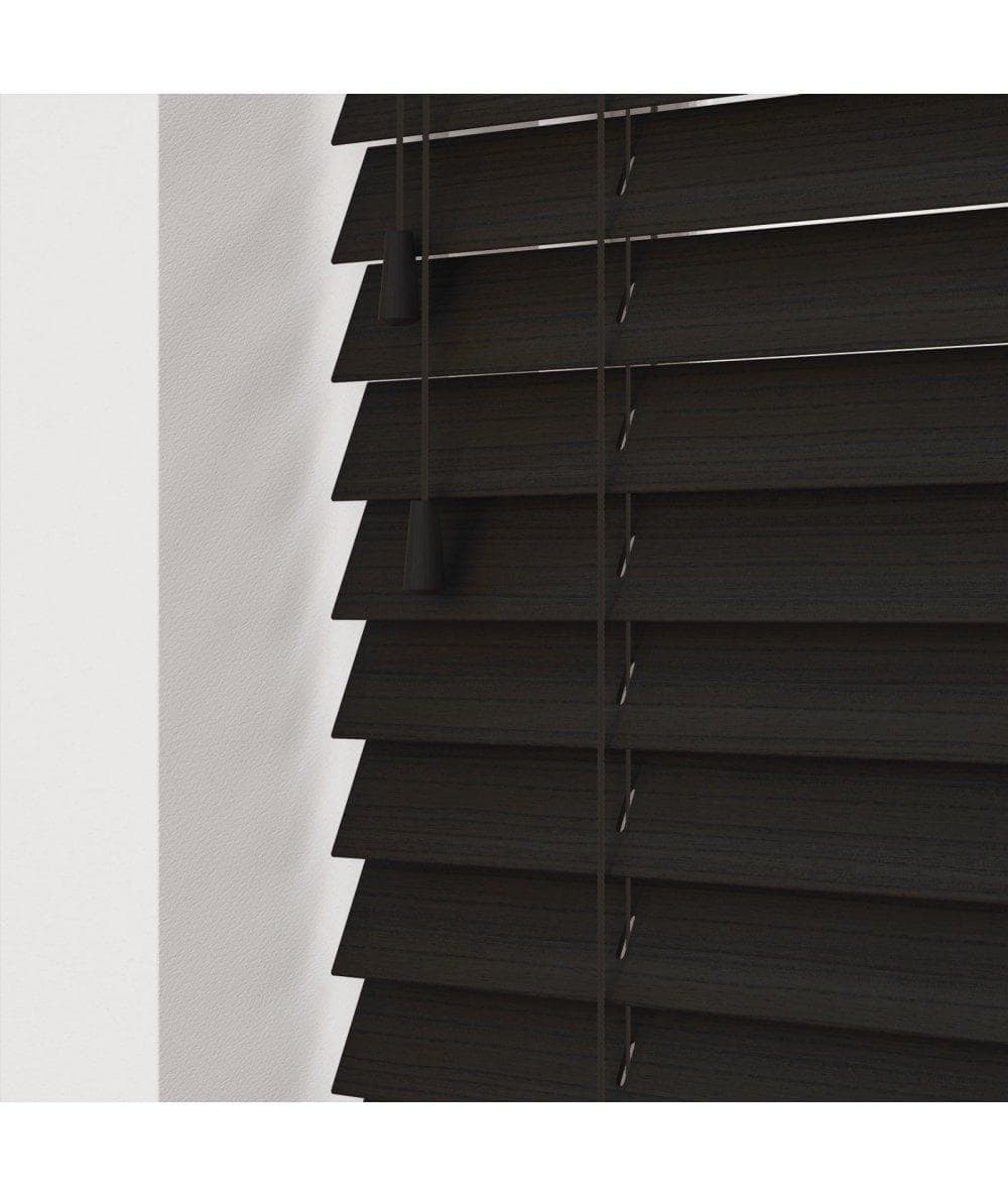 Fine grain dark walnut blinds measuring 200cm, featuring sleek horizontal slats and adjustable strings for easy operation, set against a light wall.