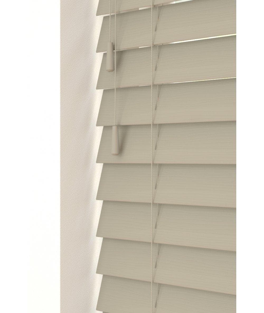 Fine grain taupe and brown blinds with strings, featuring horizontal slats and a smooth texture, designed for a modern aesthetic.