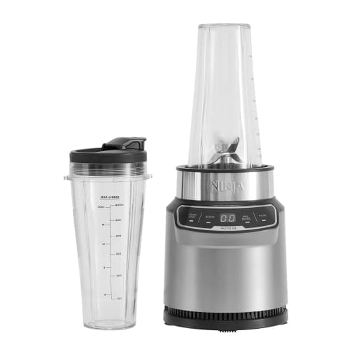 Silver and grey Ninja Personal Blender with a 1000W base, digital display, Auto-iQ feature, and a clear 700ml blending cup with measurement markings.