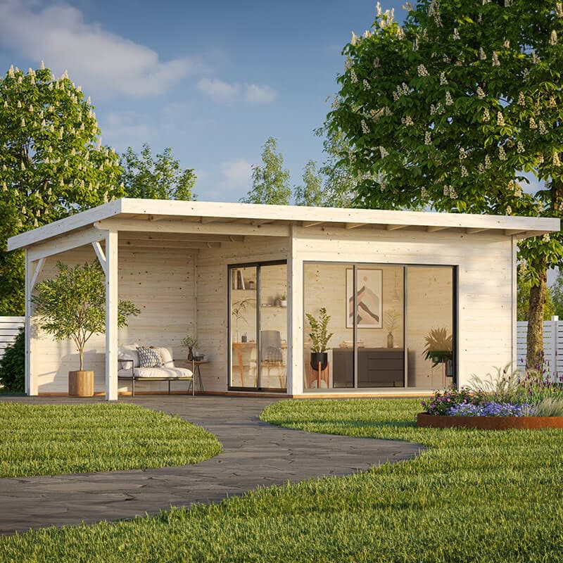 Contemporary log cabin with a light wood finish, featuring large sliding glass doors, a spacious gazebo, and a landscaped garden with greenery and flowers.