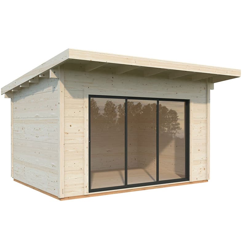 Light-colored wooden log cabin with a pent roof, featuring double-glazed sliding doors framed in black, showcasing a spacious interior and modern design.