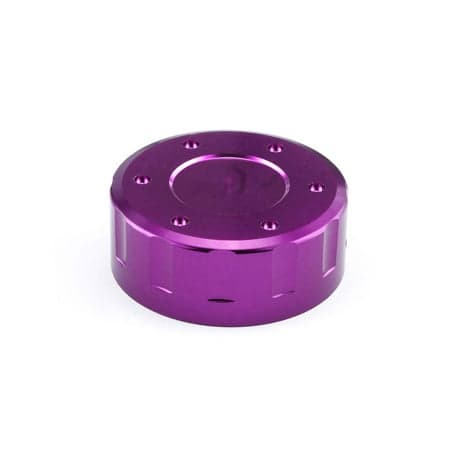 Purple aluminium reservoir cap with a 42mm diameter, featuring a smooth surface and six recessed holes for secure attachment.