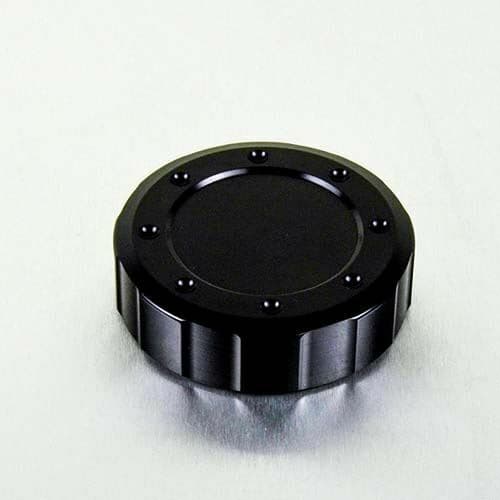 Black aluminium reservoir cap with a 61mm diameter, featuring a textured edge and six decorative bolts around the top for enhanced grip and style.