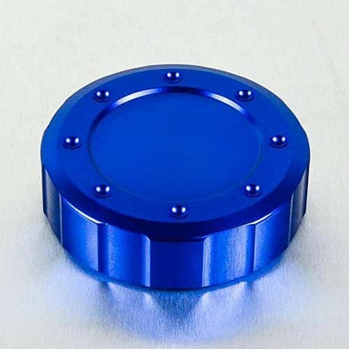 Blue aluminium reservoir cap measuring 61mm, featuring a smooth top with a raised edge and decorative rivets around the circumference for enhanced grip.